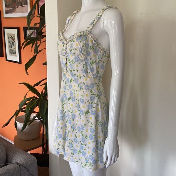 Zara Ivory Yellow Blue Floral Smocked Ruffle Printed Satin Mini Dress Size M - Picture 5 of 11